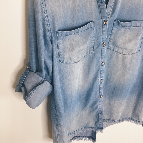Rag Poets split hem fray edge chambray denim top - Picture 4 of 6